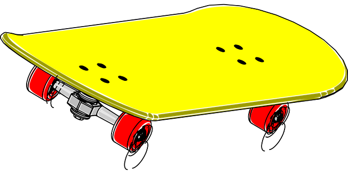 Yellow Skateboard Red Wheels PNG with transparent background