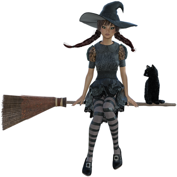 Young Witch With Broomand Cat