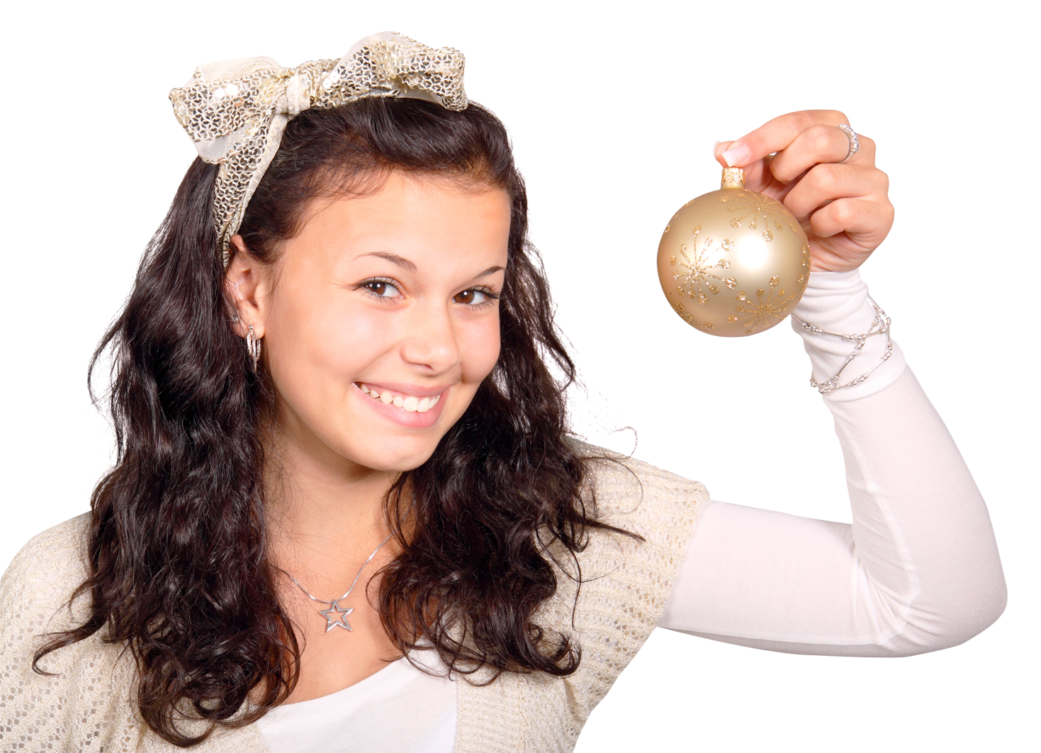 Young Woman Holding Christmas Ornament PNG with transparent background