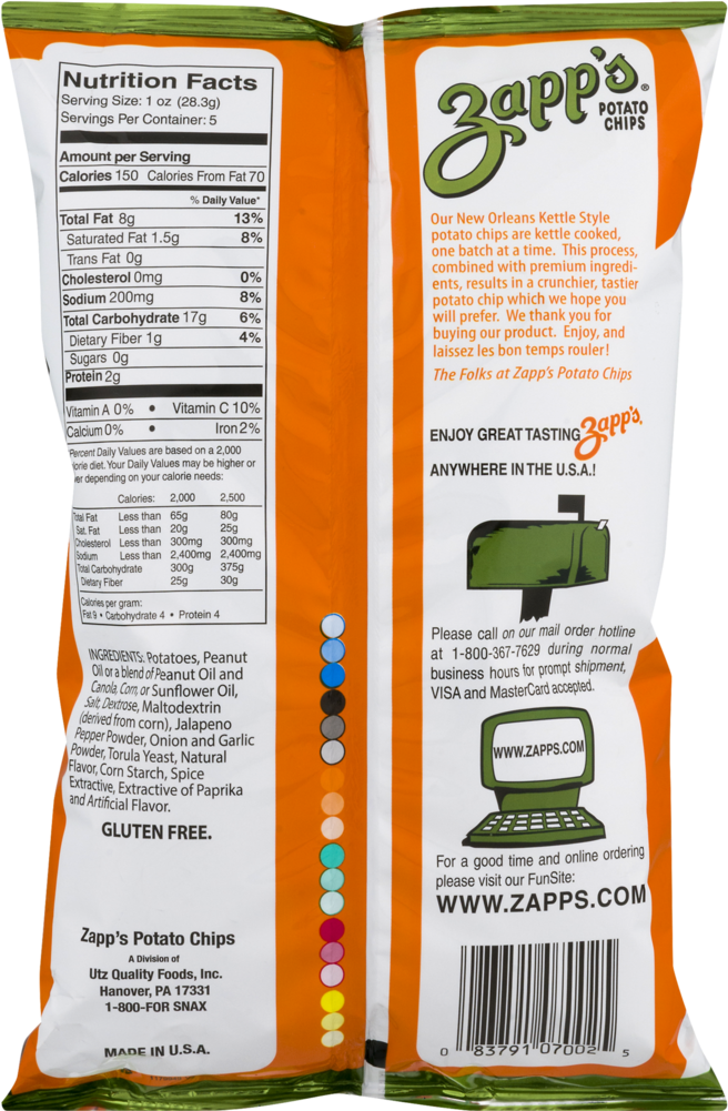 Zapps Potato Chips Nutrition Label PNG with transparent background