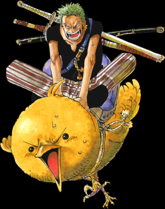 Zoro_ Riding_ Giant_ Chick_ Anime_ Illustration PNG with transparent background