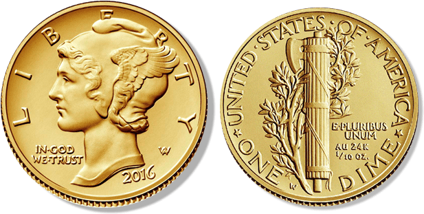 2016 U S Mercury Dime Centennial Gold Coin PNG Image