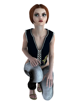 3 D Animated Girl Sitting Pose PNG Image