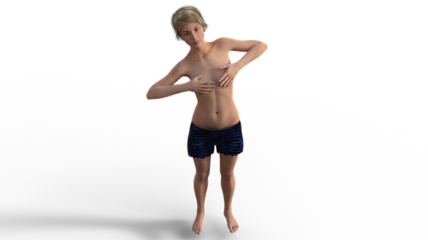 3 D Rendered Blonde Female Figure Covering Chest PNG Image