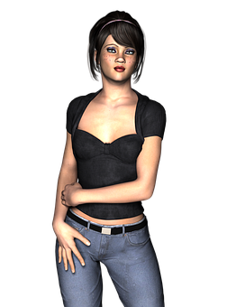 3 D Rendered Woman Black Top Jeans PNG Image