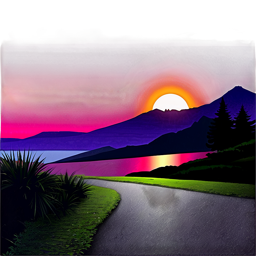 80s Style Sunset Landscape Png 06252024 PNG Image