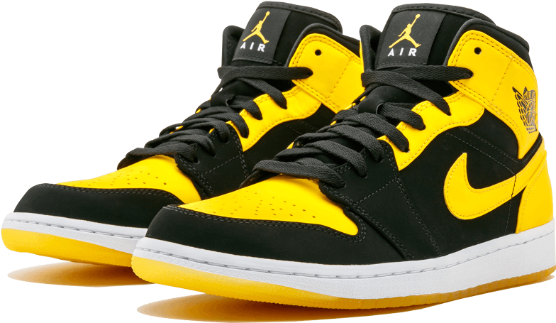 Air Jordan1 Mid Black Yellow Sneakers PNG Image