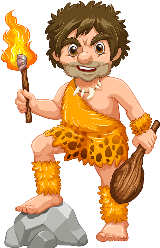 Animated Caveman With Torchand Club PNG Image