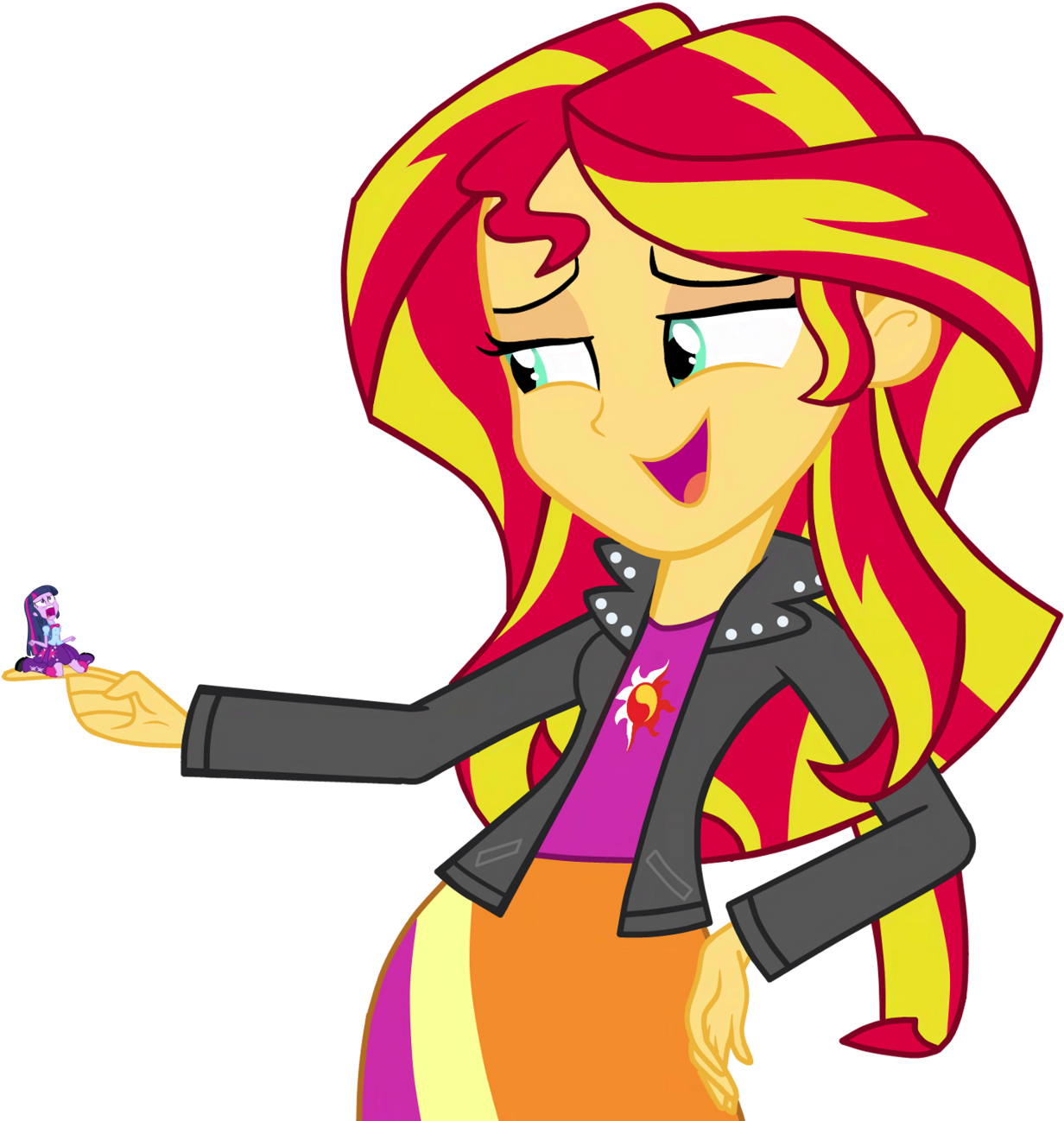 Animated Character Holding Tiny Figure_ Sunset Shimmer PNG Image