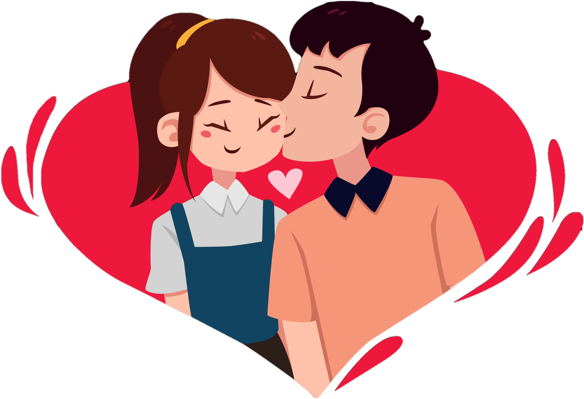 Animated Couple Kissing With Heart Background PNG Image