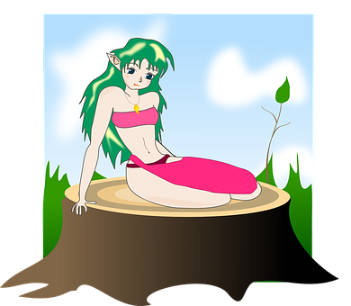 Animated Forest Elf Sittingon Tree Stump PNG Image