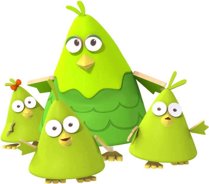 Animated Green Bird Family PNG Image