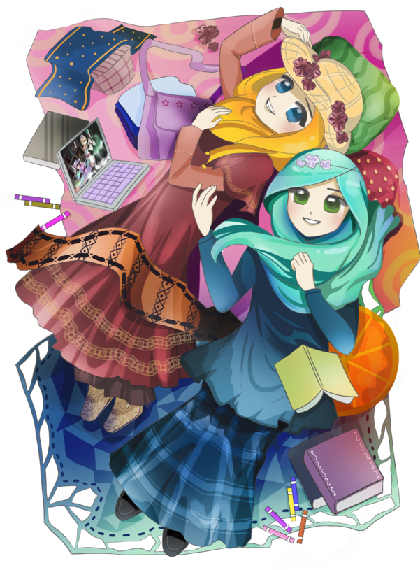 Animated Hijab Friends Studying Together PNG Image