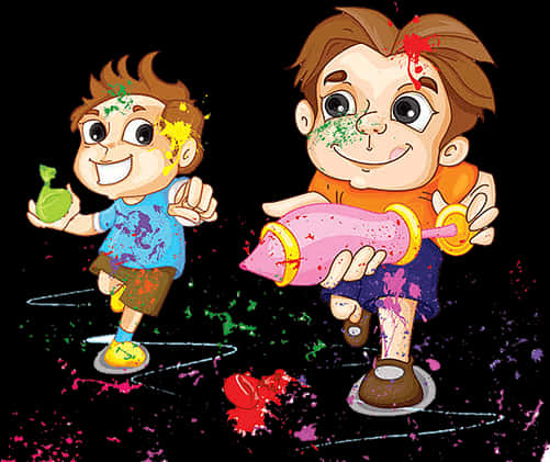 Animated Holi Celebration Kids PNG Image