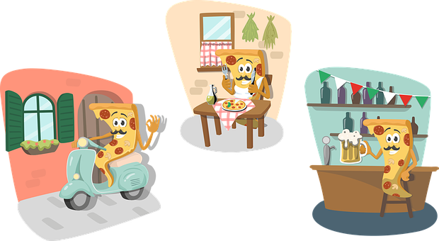 Animated Pizza Characters Enjoying Everyday Life PNG Image