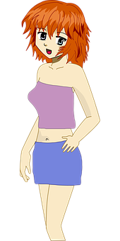 Animated Redhead Girlin Purple Topand Blue Skirt PNG Image