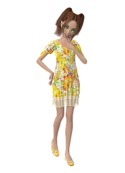 Animated Woman Floral Dress PNG Image