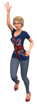 Animated Woman Waving Union Jack Shirt PNG Image