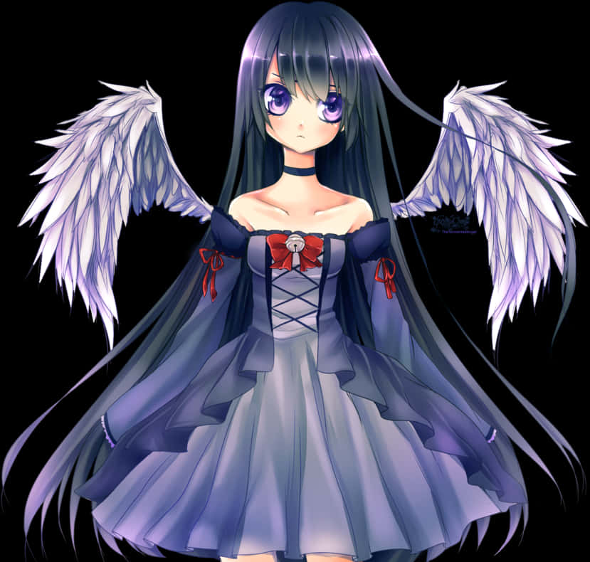 Anime Angel Girlwith Purple Wings PNG Image