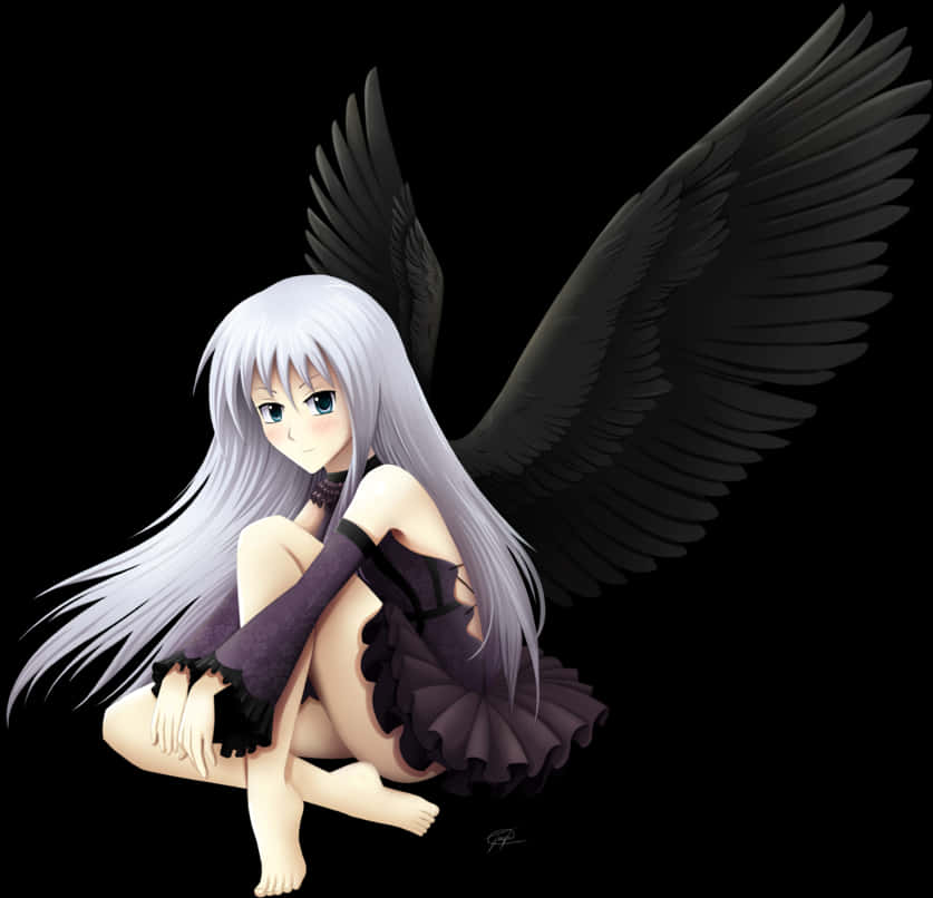 Anime Angelwith Black Wings PNG Image