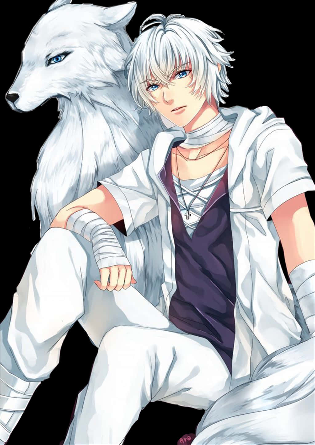 Anime Boy With Silver Wolf PNG Image