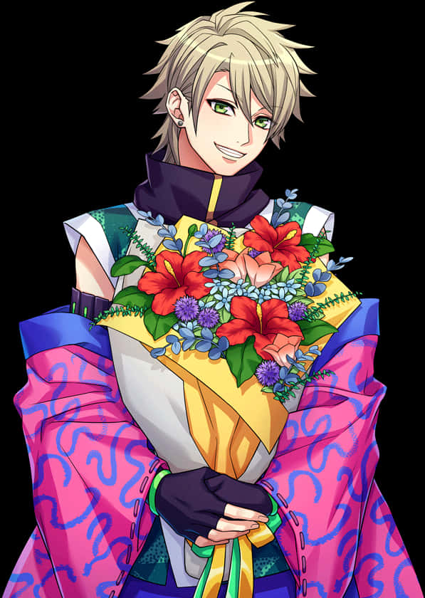 Anime Character Holding Flowers PNG Image