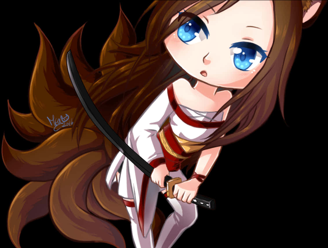 Anime Fox Girl With Sword PNG Image