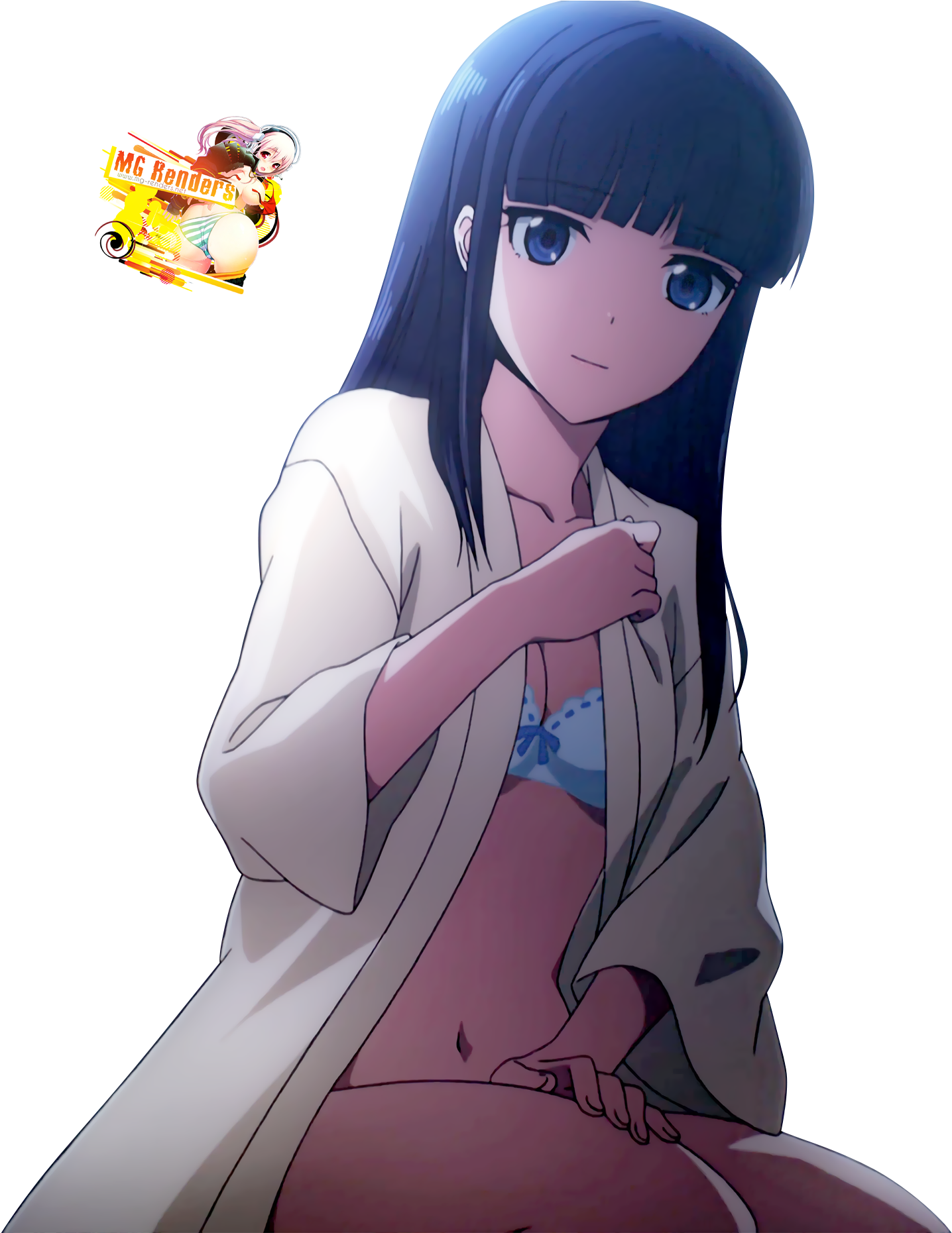 Anime Girl Blue Hair White Coat PNG Image