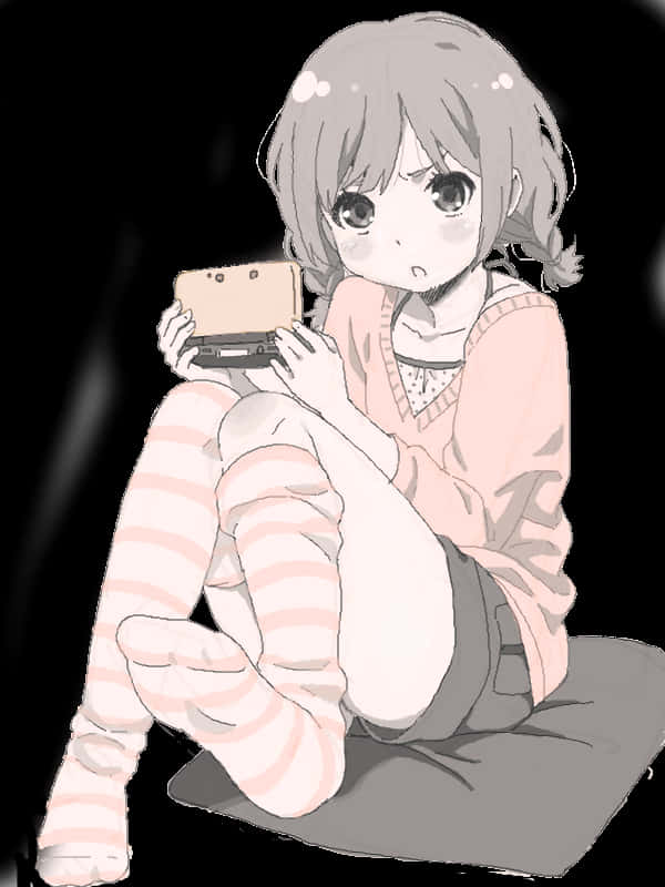 Anime Girl Playing Handheld Console PNG Image