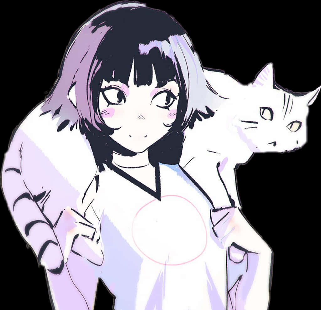 Anime Girl With Cat And Blush PNG Image