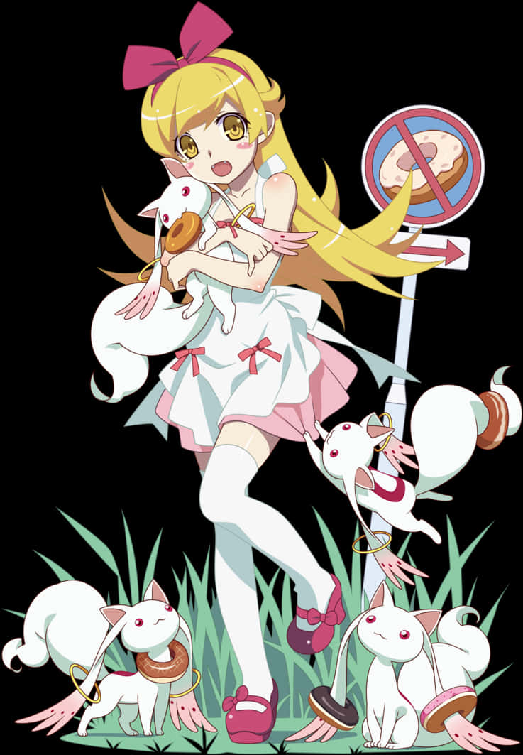 Anime Girl With White Cats No Dogs Sign PNG Image