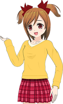 Anime Girl Yellow Sweater Red Bows PNG Image