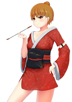 Anime Girlin Red Kimono Holding Paintbrush PNG Image