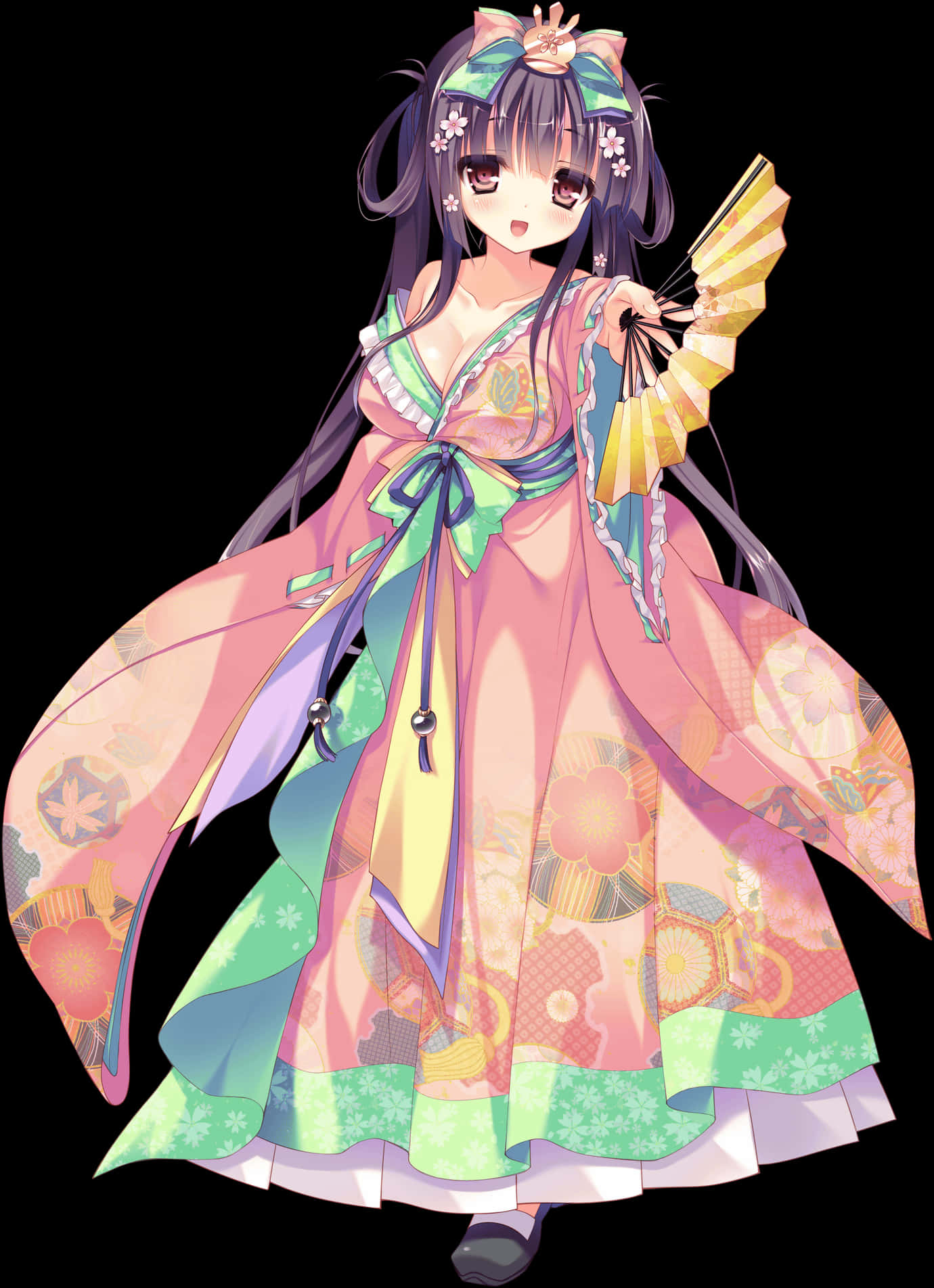 Anime Girlin Traditional Dresswith Fan PNG Image