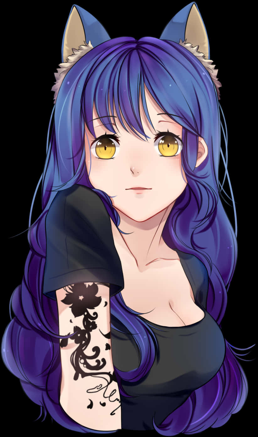 Anime Girlwith Blue Hairand Cat Ears PNG Image