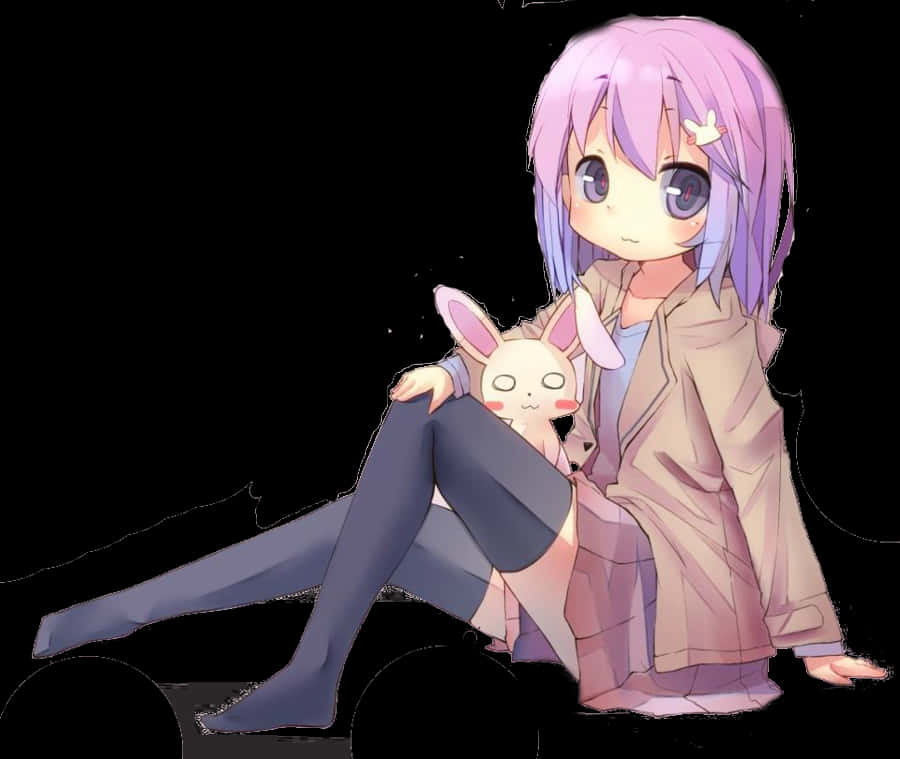 Anime Girlwith Purple Hairand Plush Bunny PNG Image