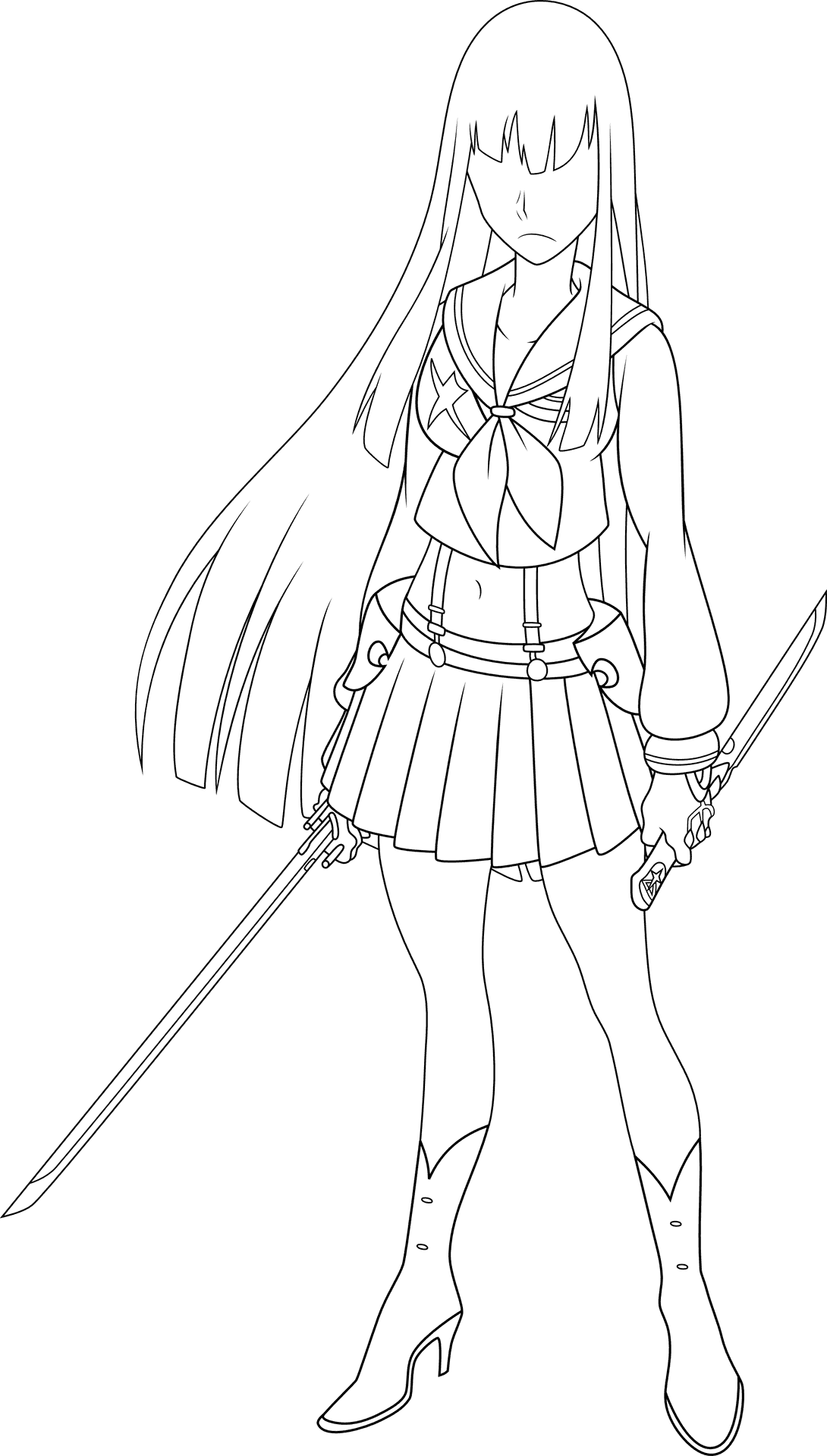 Anime Warrior Girl Lineart PNG Image