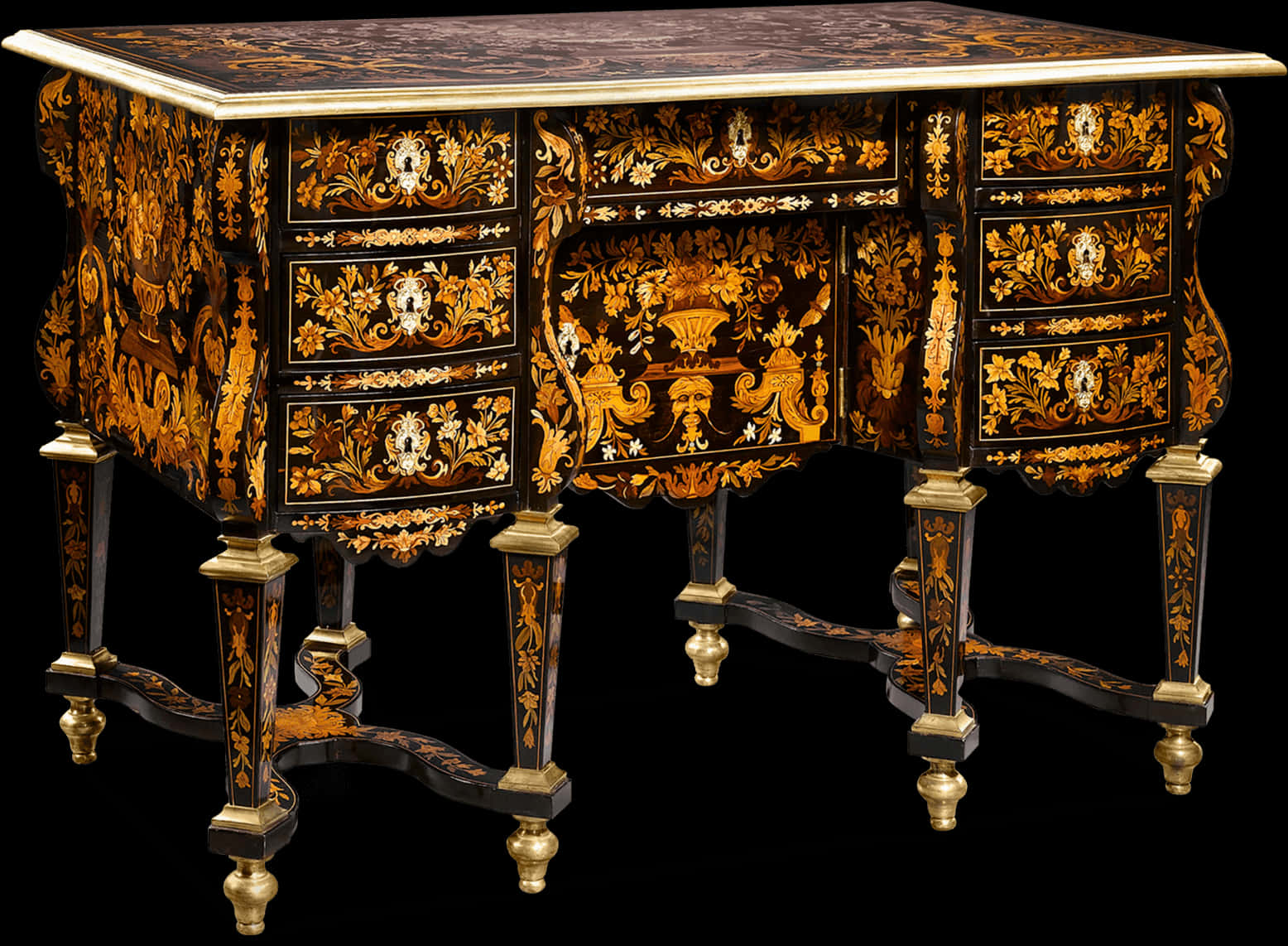 Antique Inlaid Wood Desk PNG Image