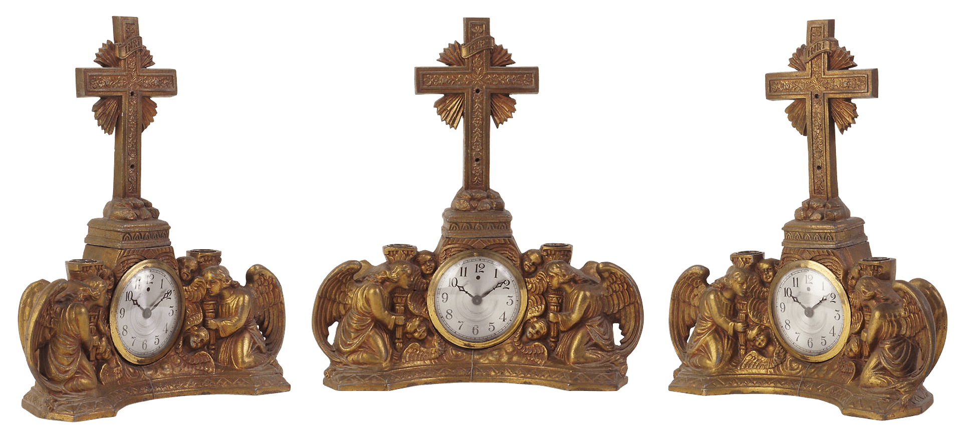 Antique Religious Mantel Clock Set PNG Image