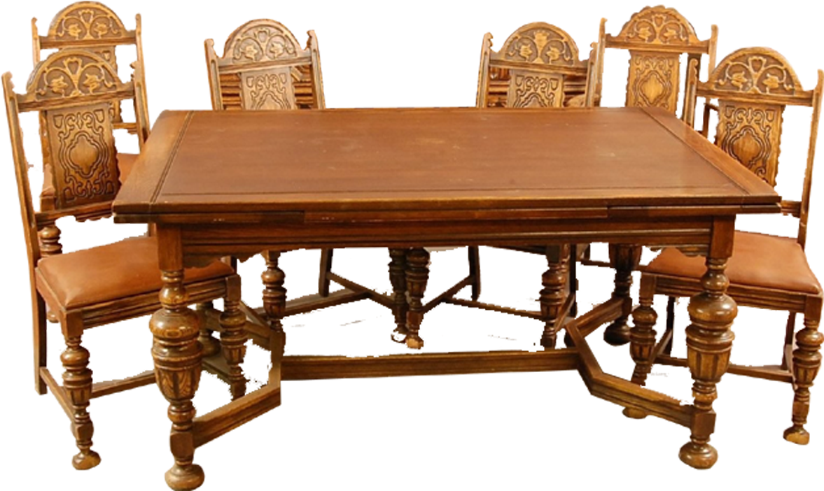 Antique Wooden Dining Setwith Carved Chairs PNG Image