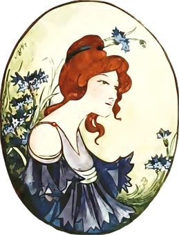 Art Nouveau Style Redhead Woman Oval Portrait PNG Image