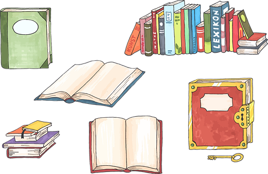 Assorted Books Cartoon Illustration PNG Image