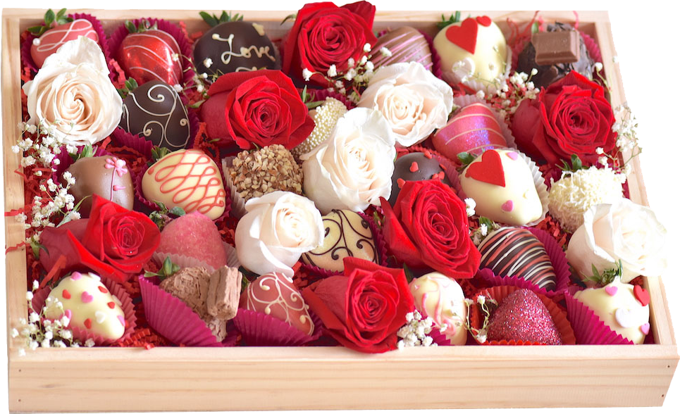 Assorted Chocolate Covered Strawberriesand Roses PNG Image