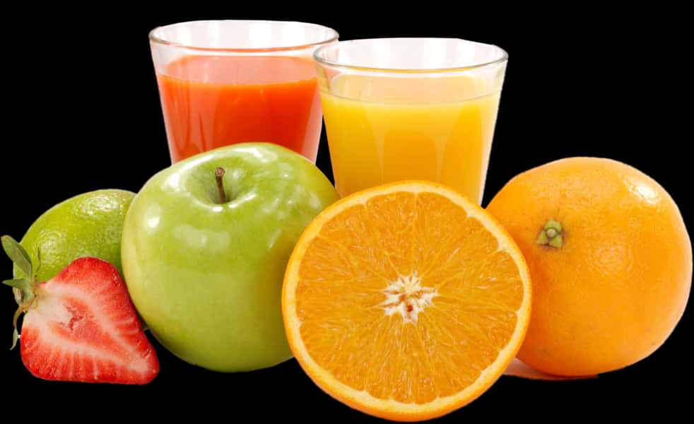 Assorted Fruit Juicesand Fresh Fruits PNG Image