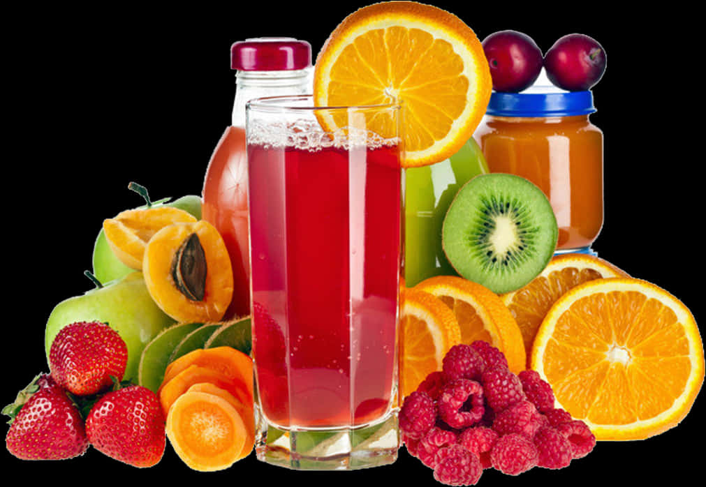 Assorted Fruit Juicesand Fresh Fruits PNG Image