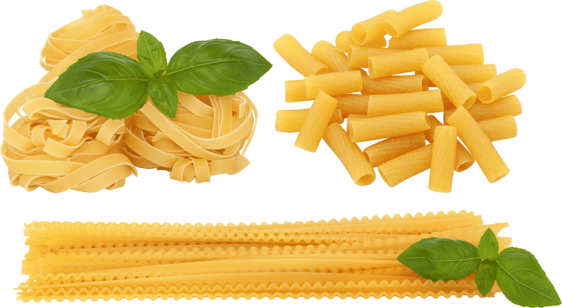 Assorted Pasta Types With Basil Leaves PNG Image