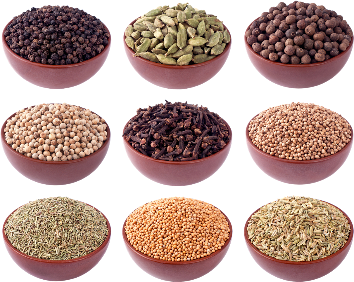 Assorted Spicesin Bowls PNG Image