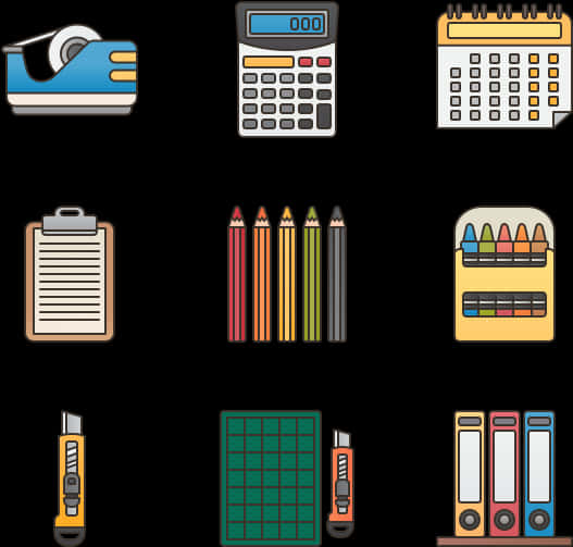 Assorted Stationery Icons Set PNG Image