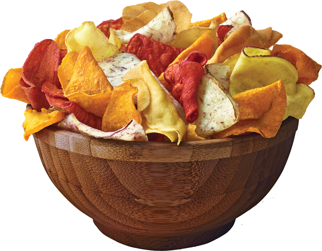 Assorted Vegetable Chipsin Wooden Bowl PNG Image