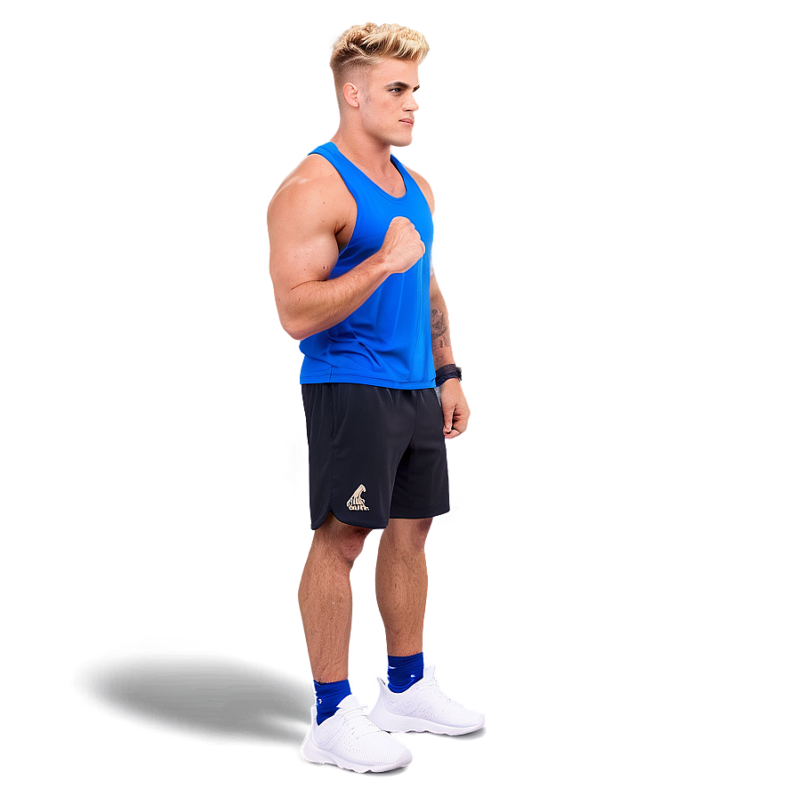 Athletic Man Blue Tank Top Black Shorts PNG Image